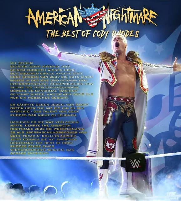 Poster mit Text über Cody Rhodes, Wrestler, vor einem Hintergrund mit einem Logo.