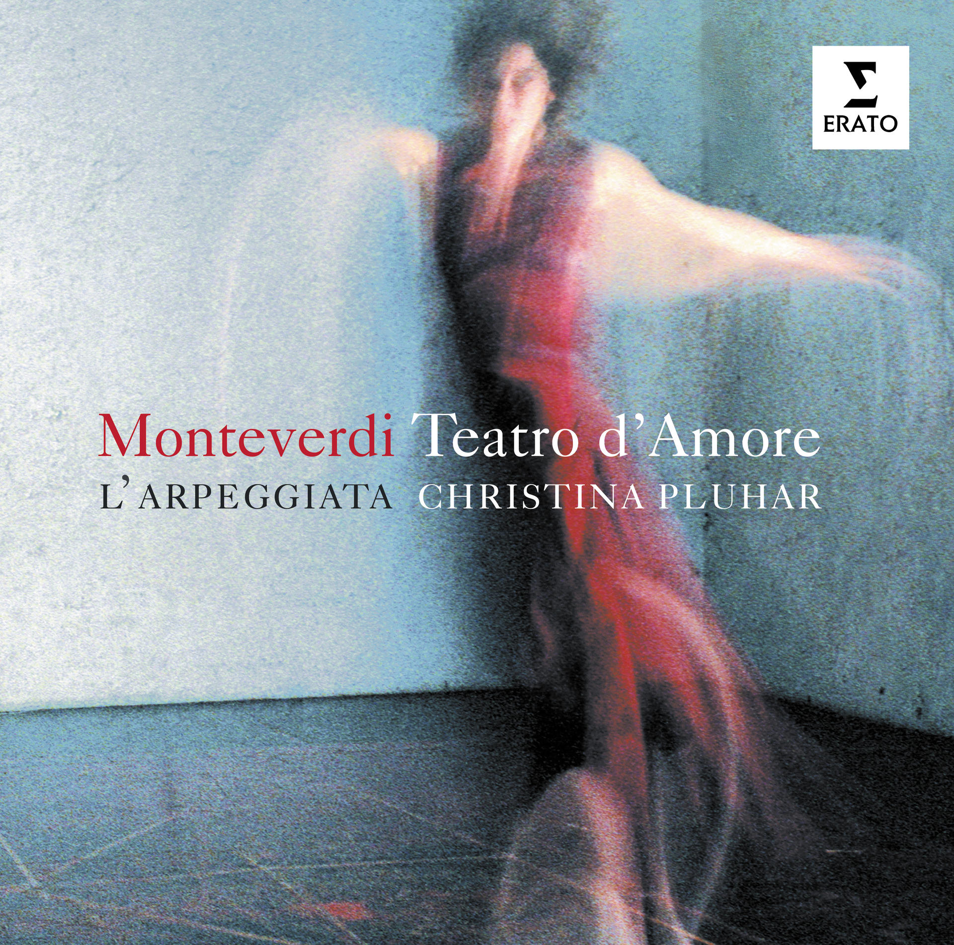 Album borító: elmosódott kép egy táncosról piros hangsúlyokkal. Szöveg: Monteverdi Teatro d'Amore.