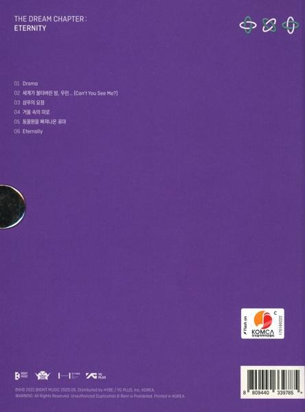Lila Albumcover mit dem Titel 'The Dream Chapter: Eternity', Trackliste, Logo und Barcode.