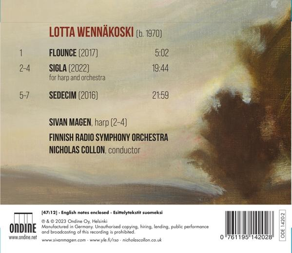 Rückseite einer CD mit dem Titel 'Lotta Wennäkoski'. Informationen über die Tracks und das Orchester.