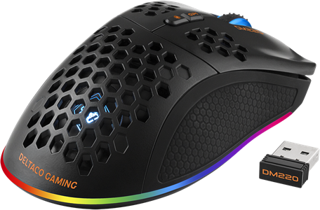 Schwarze Gaming-Maus mit Wabenmuster und USB-Empfänger. Oranger DeltaTacogaming-Text.