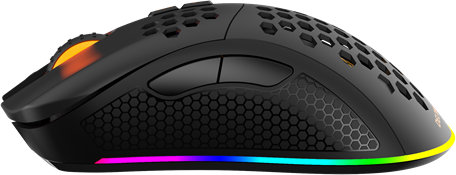 Eine schwarze Gaming-Maus mit Wabenmuster und RGB-Beleuchtung.