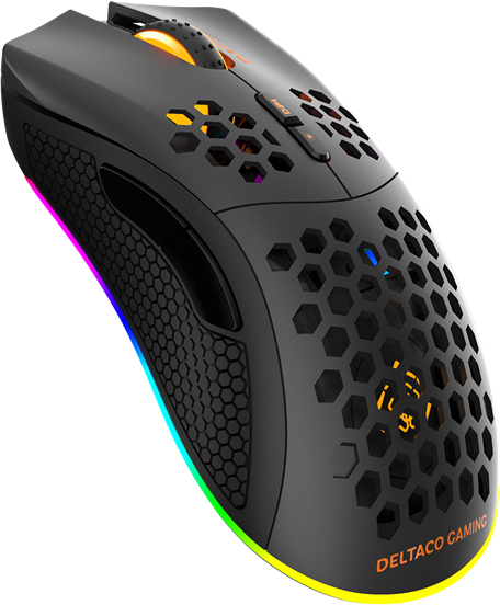 Schwarze Gaming-Maus mit Wabenmuster, RGB-Beleuchtung und Seitentasten.