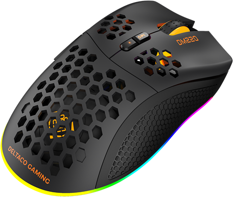Schwarze Gaming-Maus mit Wabenmuster, orangenen Akzenten und bunten LED-Lichtern.