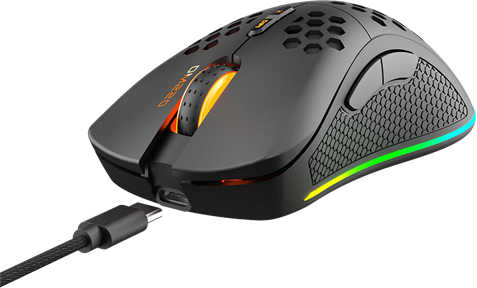Schwarze Gaming-Maus mit Wabenmuster und RGB-Beleuchtung. Ein USB-C-Kabel ist angeschlossen.