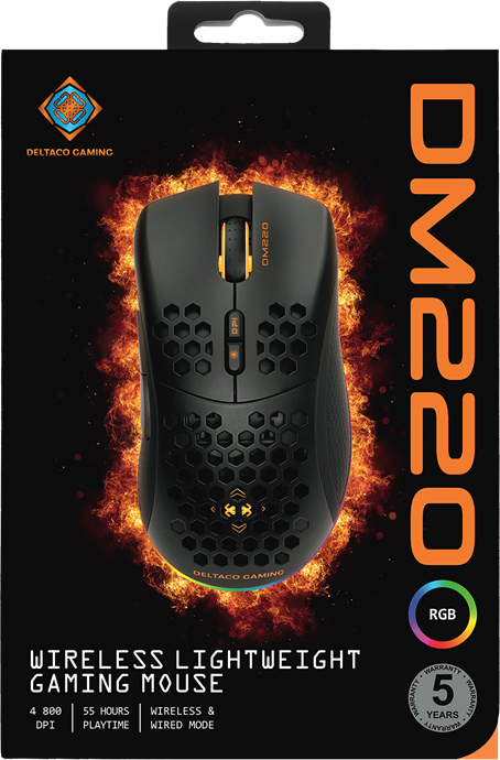Schwarze Gaming-Maus in der Box, mit orangefarbenen Akzenten, Feuergrafik und Text.