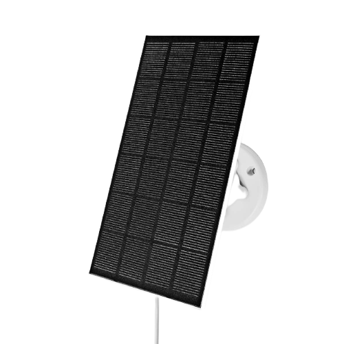 Ein schwarzes Solarpanel auf einer weißen kreisförmigen Halterung, nach links gerichtet.