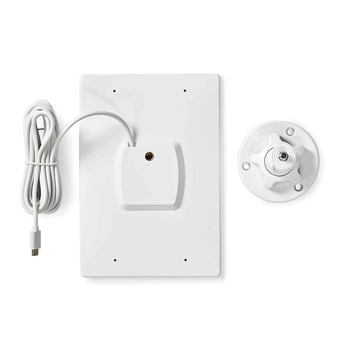 Weiße Halterung für Überwachungskamera und rechteckige Basis mit Kabel.