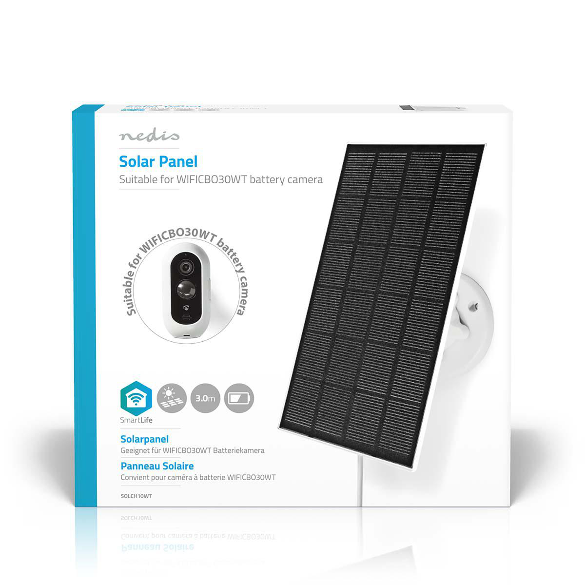 Eine weiß-schwarze Solarpanelbox. Die Box zeigt ein Solarpanel und eine kleine Überwachungskamera.