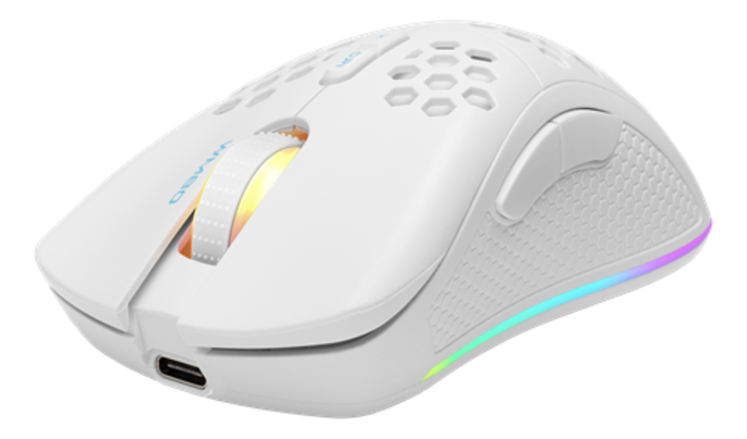 Weiße Gaming-Maus mit Wabenmuster und farbenfroher LED.