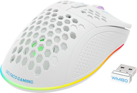 Weiße Gaming-Maus mit Wabenmuster, RGB-Beleuchtung und USB-Empfänger.