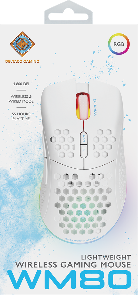Weiße Gaming-Maus, WM80, auf einer Box. Sie hat RGB-Beleuchtung und ist kabellos.