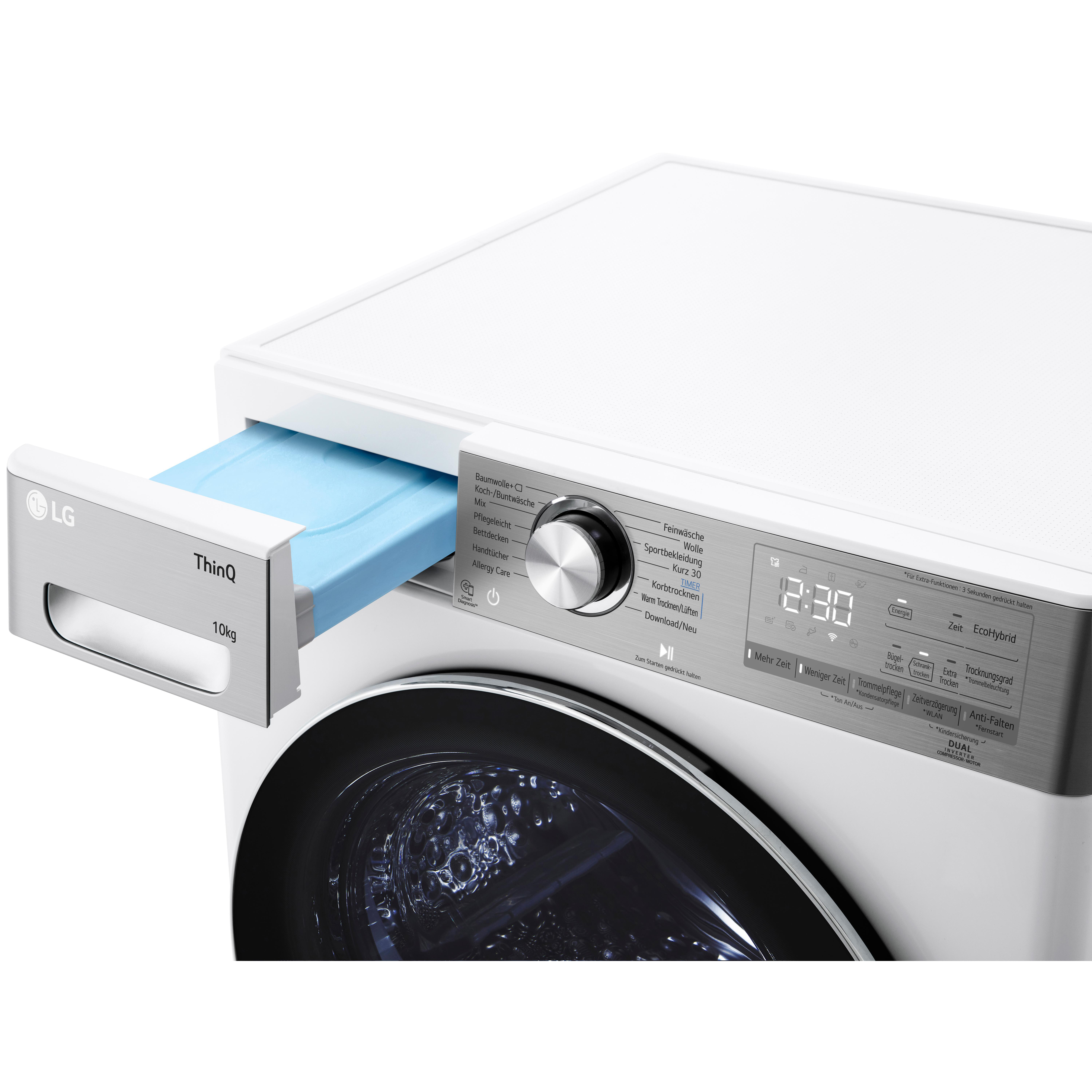 Nahaufnahme einer weißen LG Waschmaschine mit geöffneter blauer Waschmittelschublade.