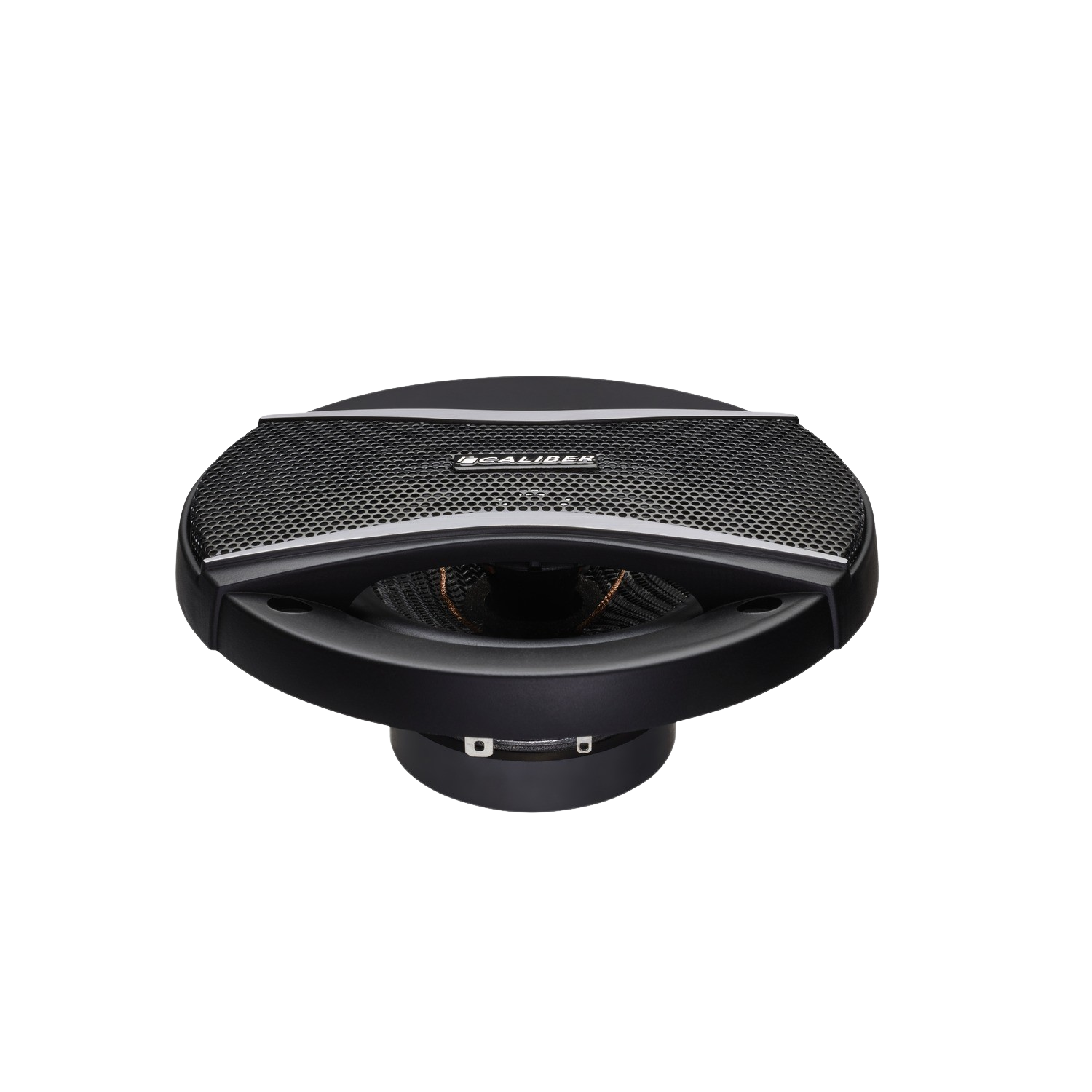 A round black speaker with a silver grill. The speaker is set against a black background.