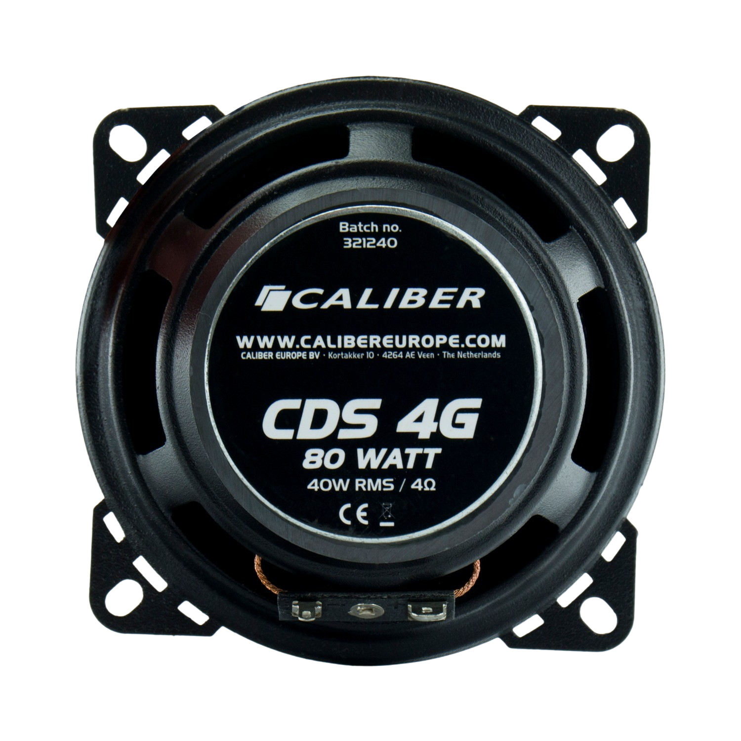 A black speaker with a silver label and white text, against a black background.