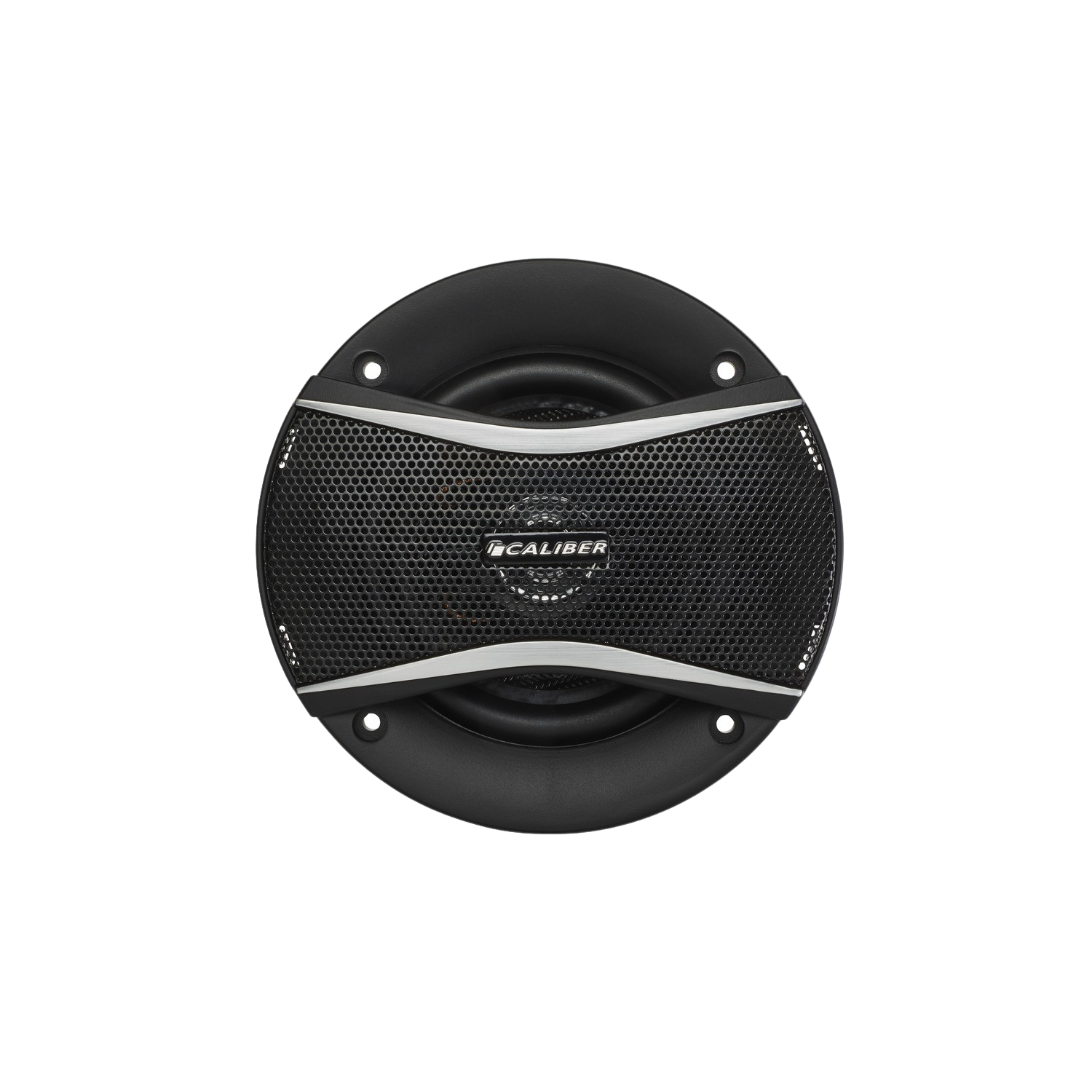 A black car speaker on a black background, with a mesh grill and the word 'CALIBER' on it.