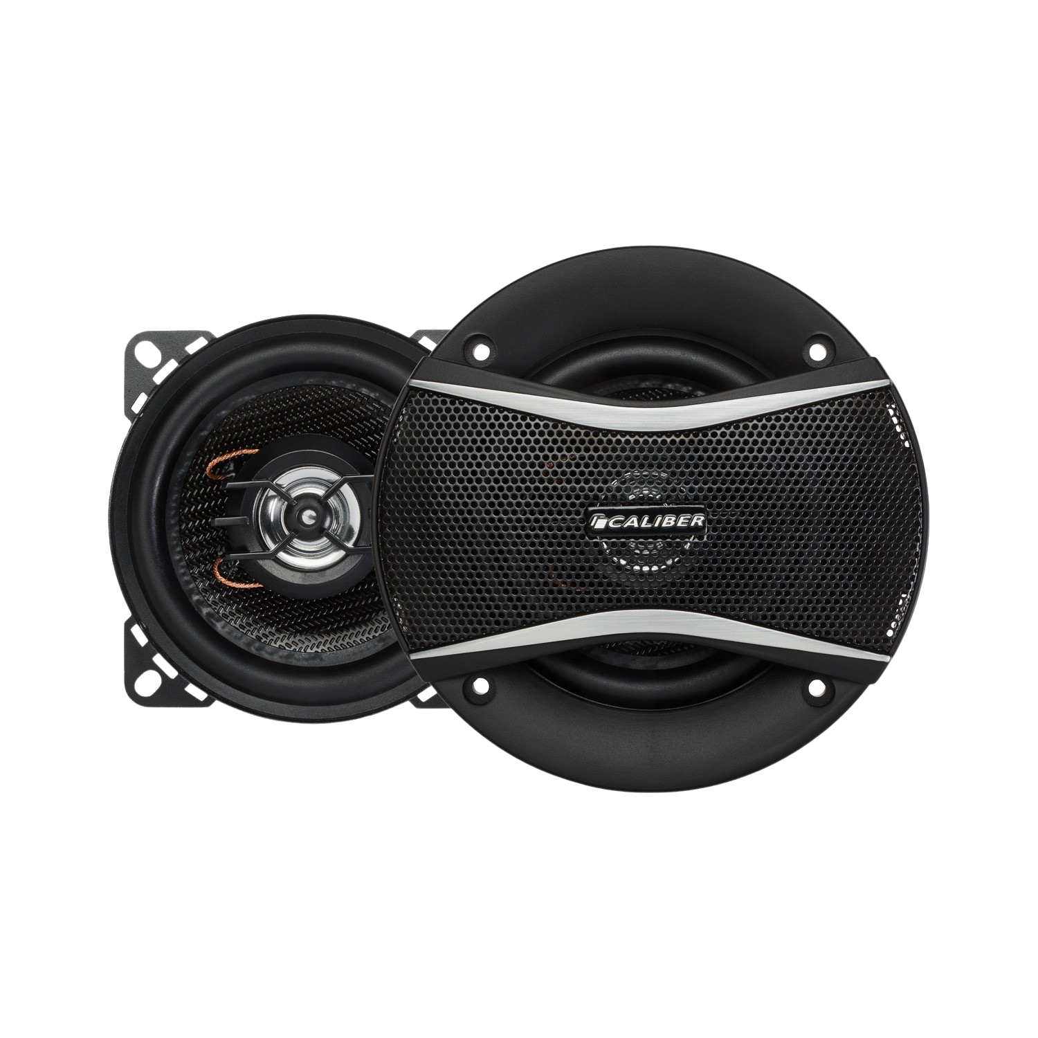 Two car speakers on a black background.