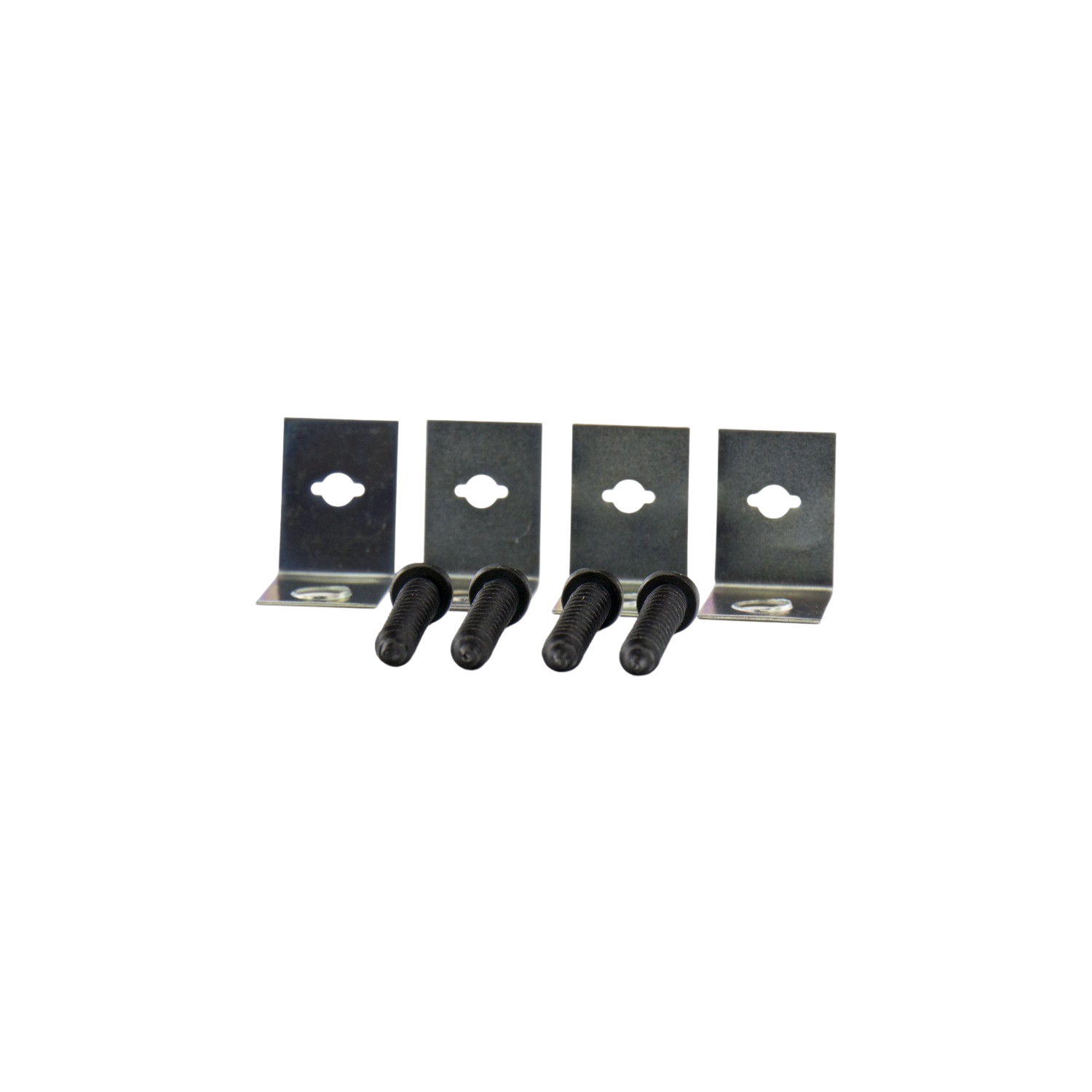 Four metal brackets and four black screws, on a black background.