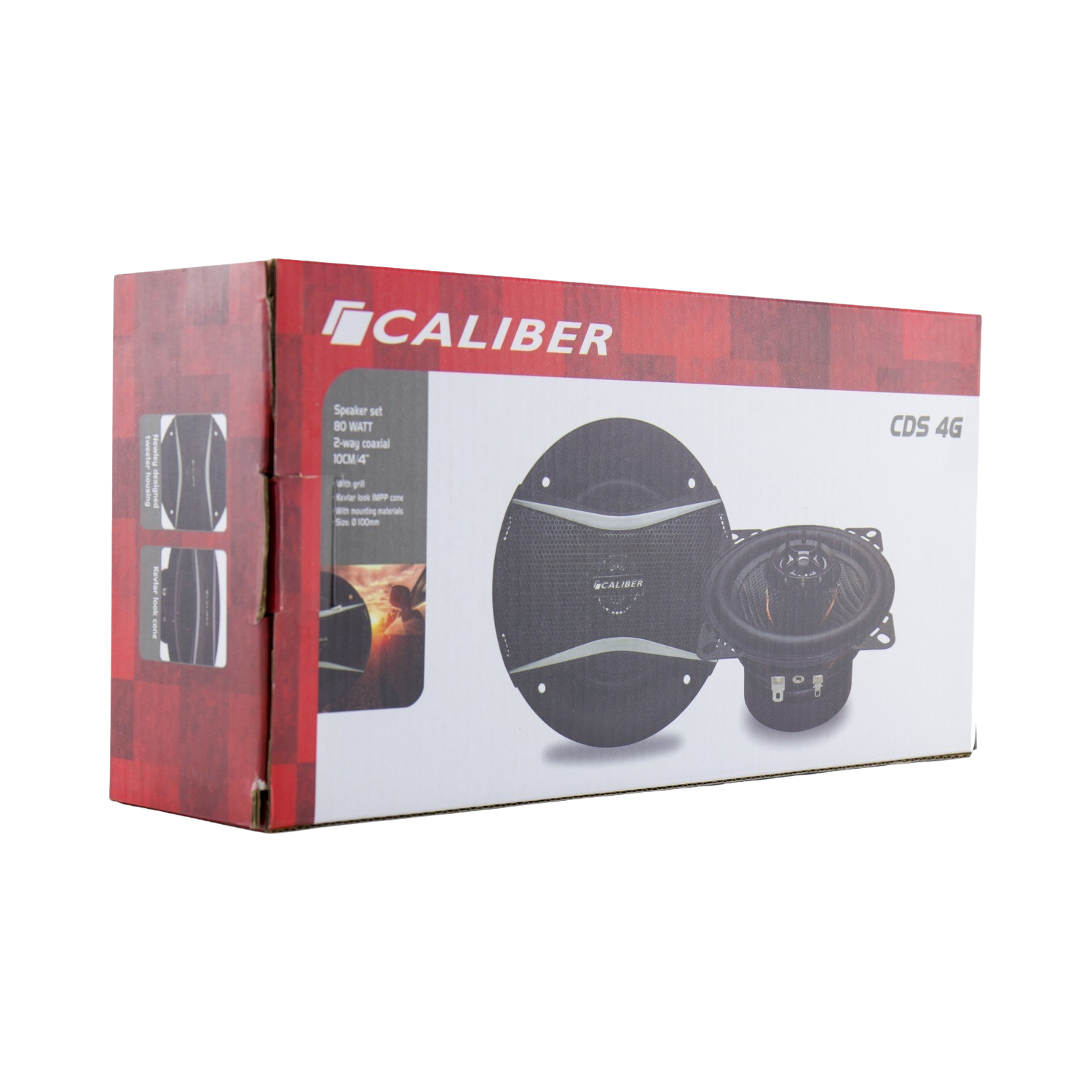 Caliber speaker box. The box is red and black, with a speaker and speaker components visible on the side.