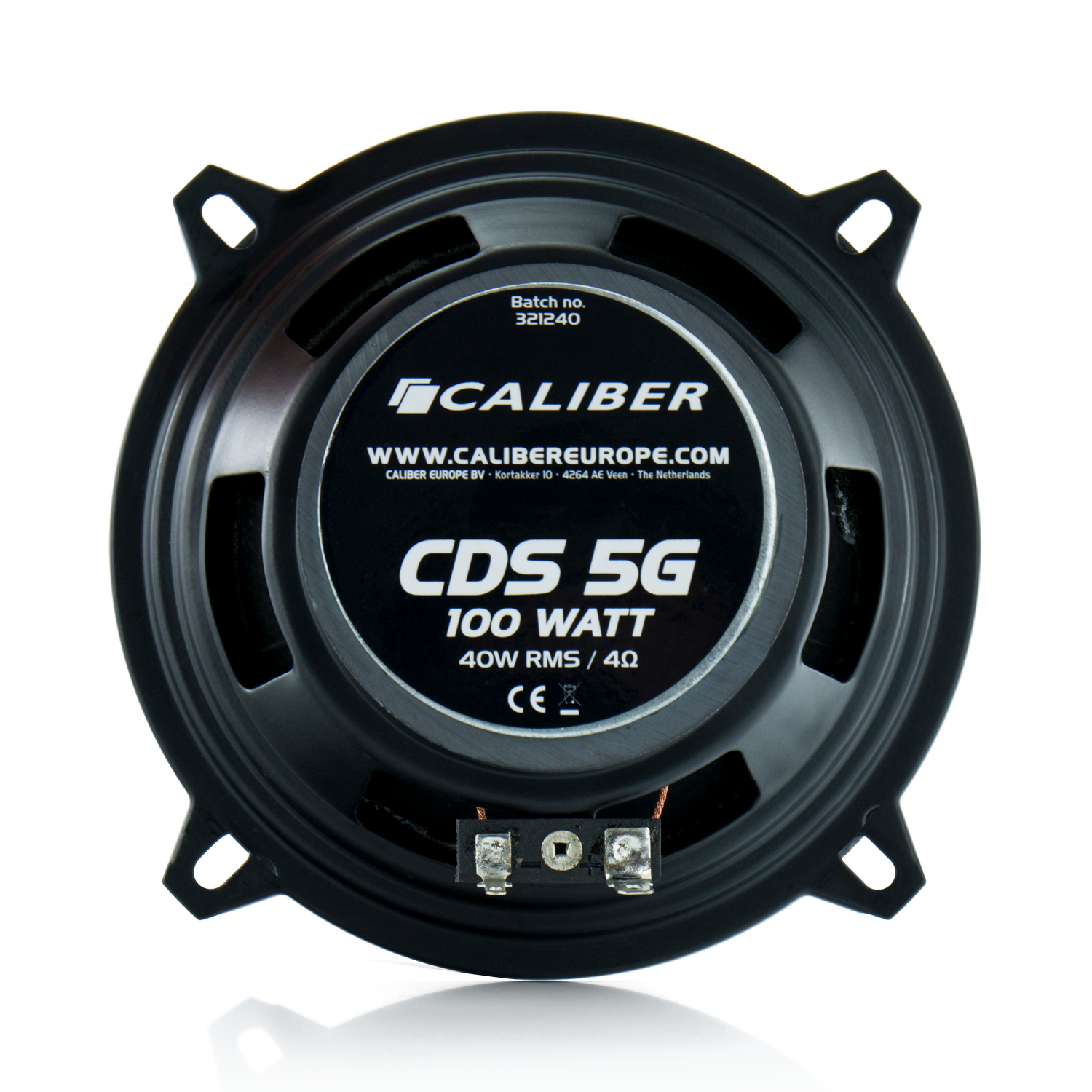 A black speaker with a metallic silver center. It has a round shape, black background, and product details.