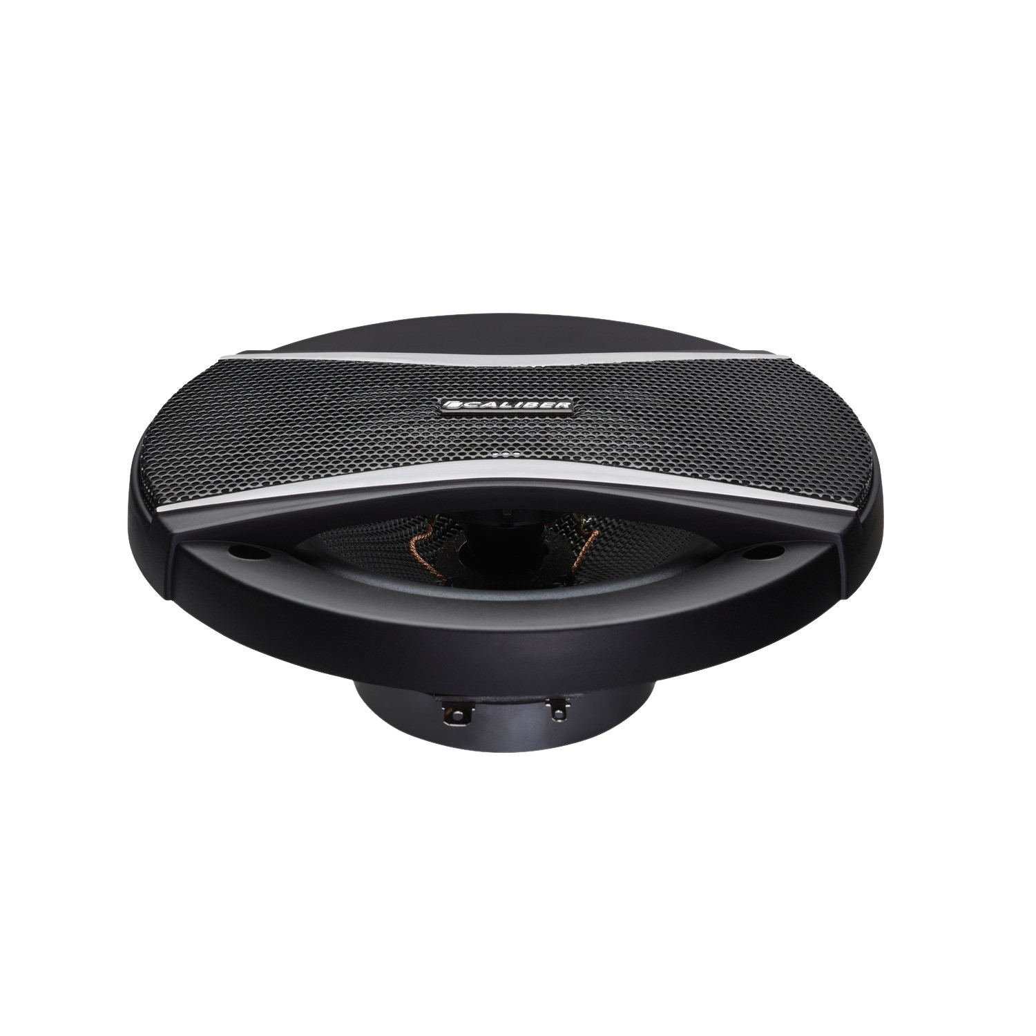 Black car speaker with silver accents, set against a black background.