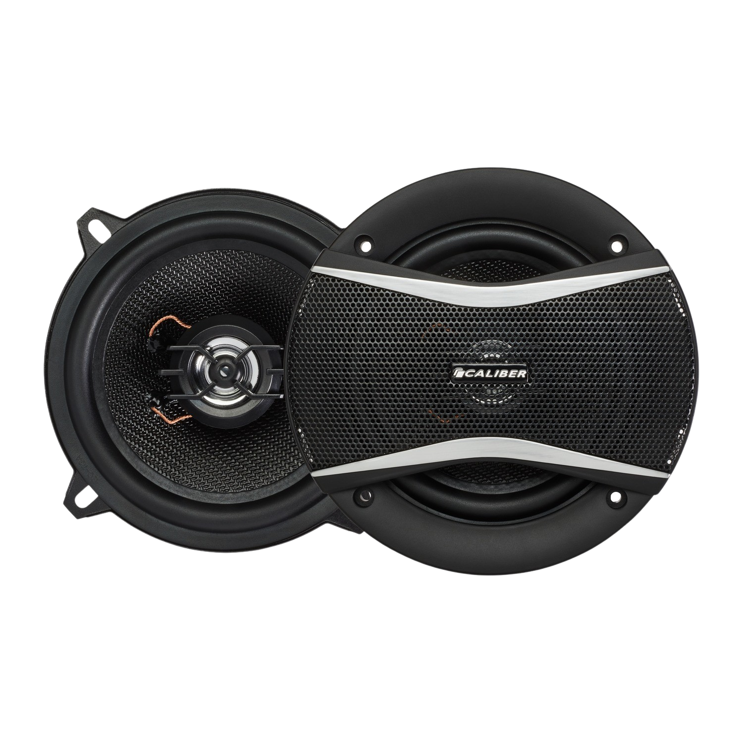 Two car speakers on a black background. One has a protective grill.