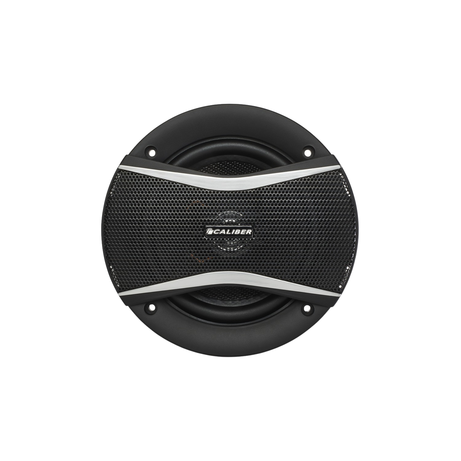 Black car speaker with a silver accent, on a black background.