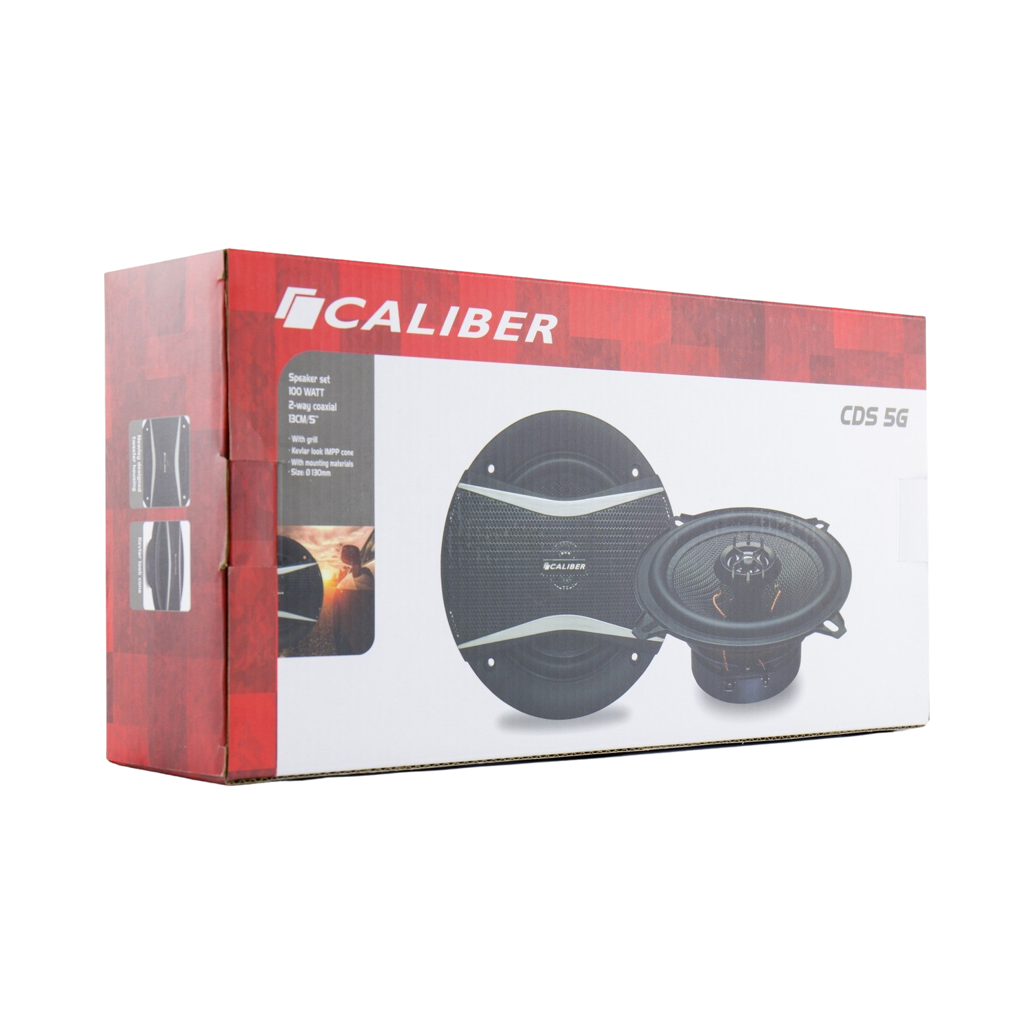 A red and black speaker box with a speaker in front of it. The speaker is black and silver.