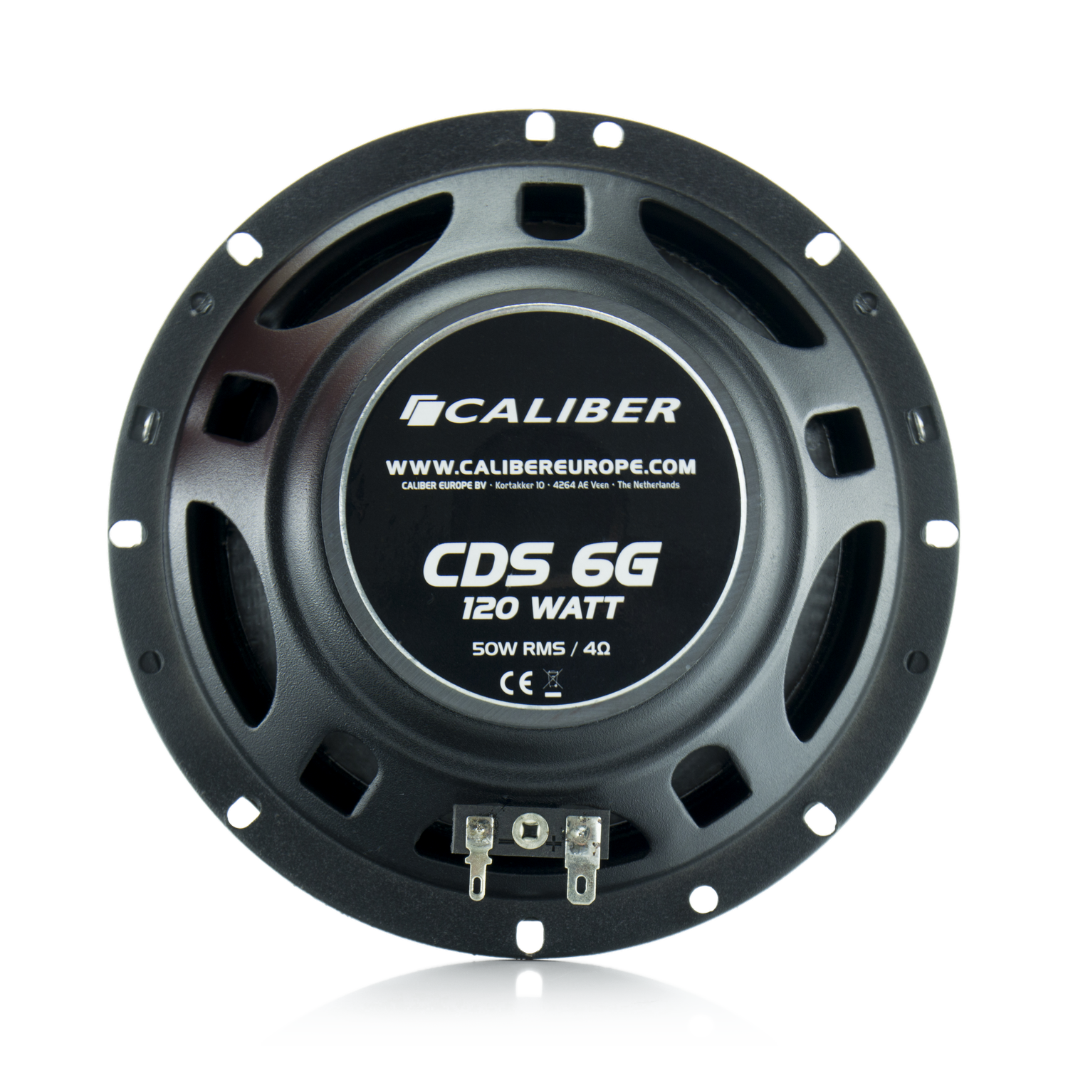 A black speaker with a silver center and the Caliber logo. It has a round shape with holes around the edge.