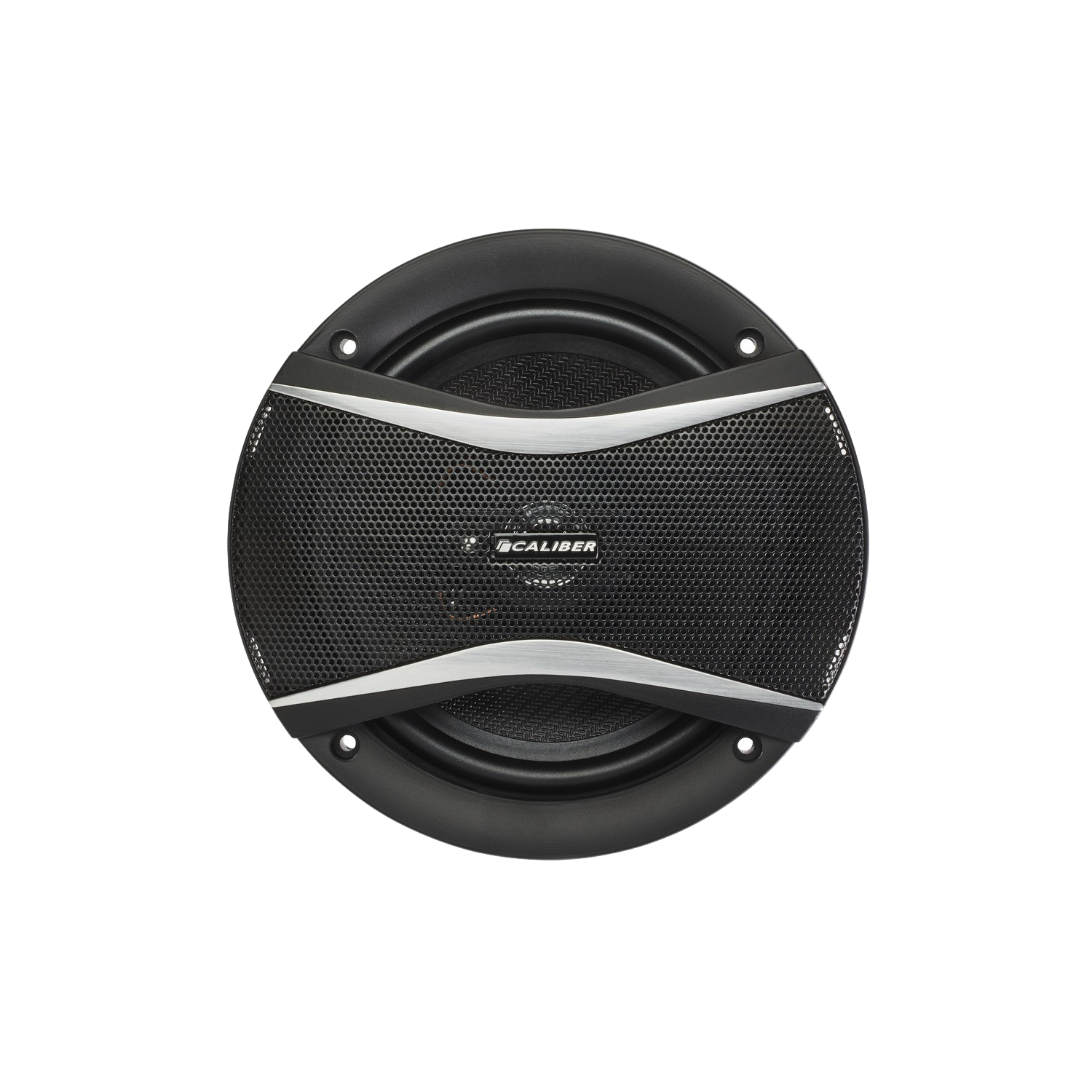 A black car speaker with a silver trim. The background is black.