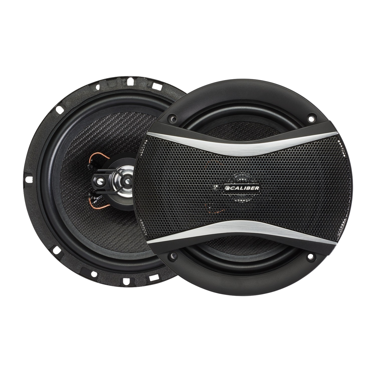 Two black car speakers. One speaker has a silver grill.
