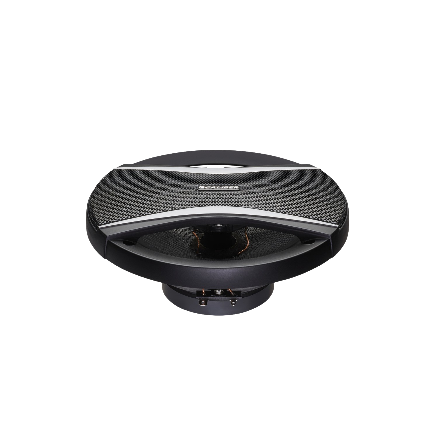 A black speaker with a mesh front and CALIBER logo. It sits on a black background, centered.