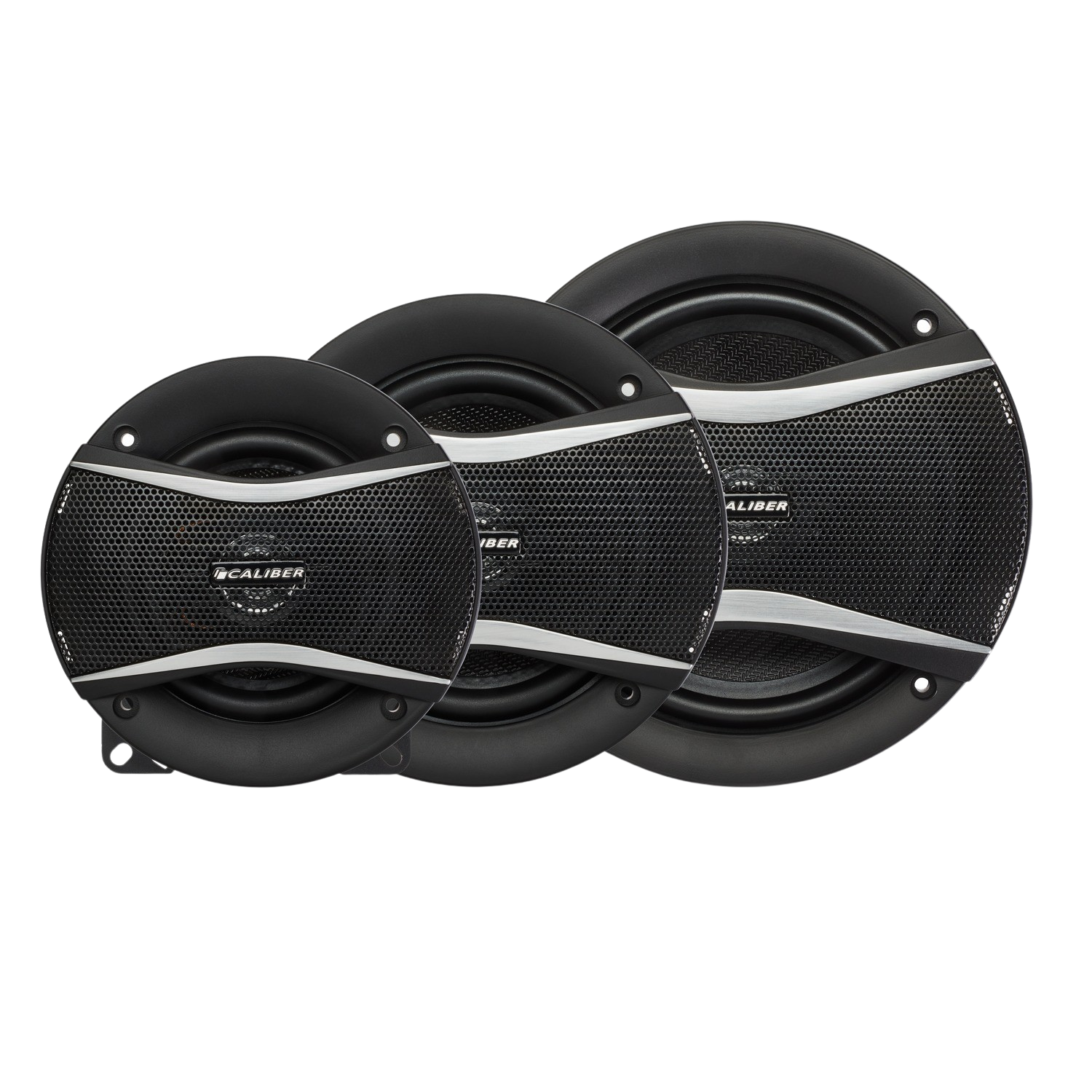 Three black speakers with metallic mesh. Caliber logo visible. Black background.