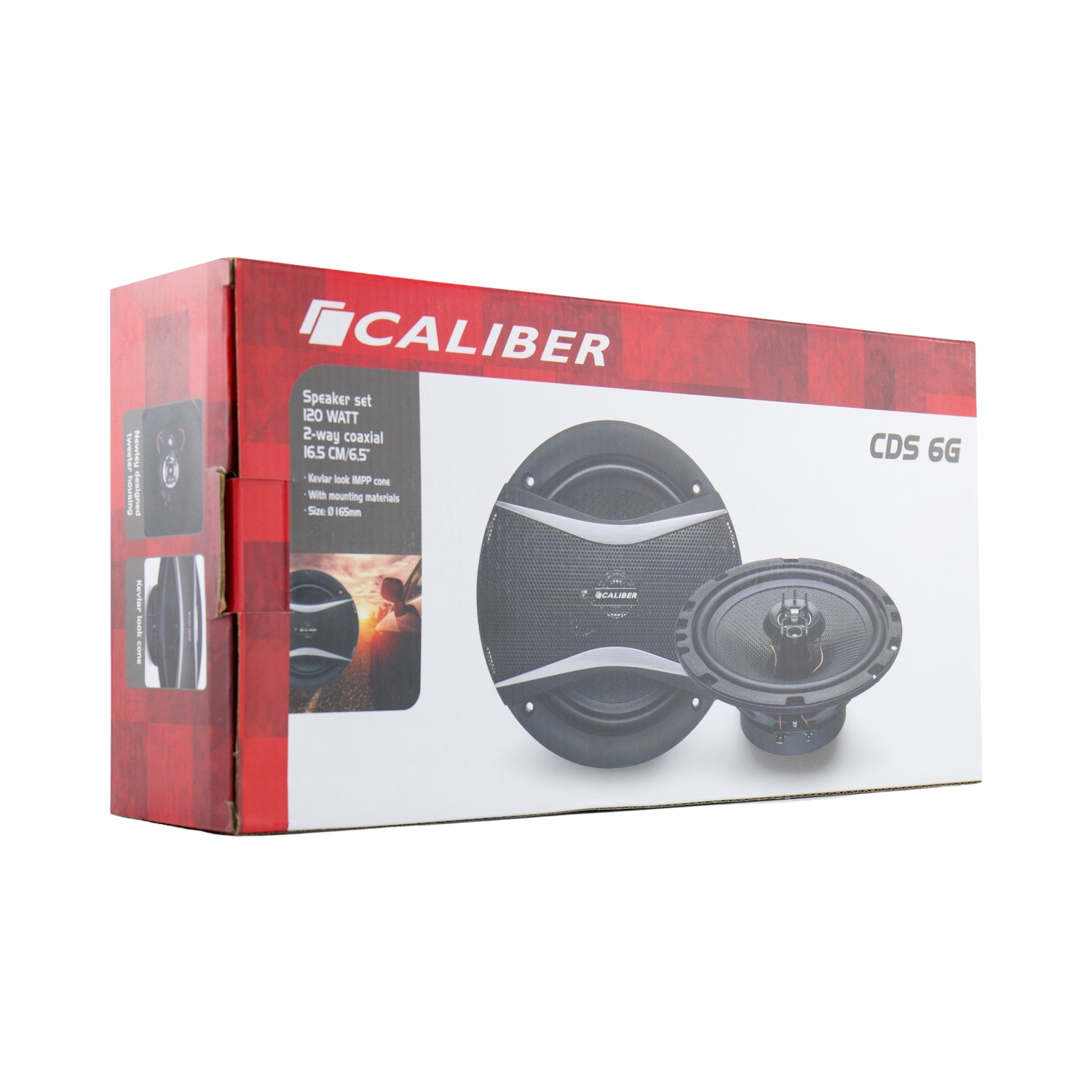 Speaker set box showing a pair of speakers, black with a mesh cover.