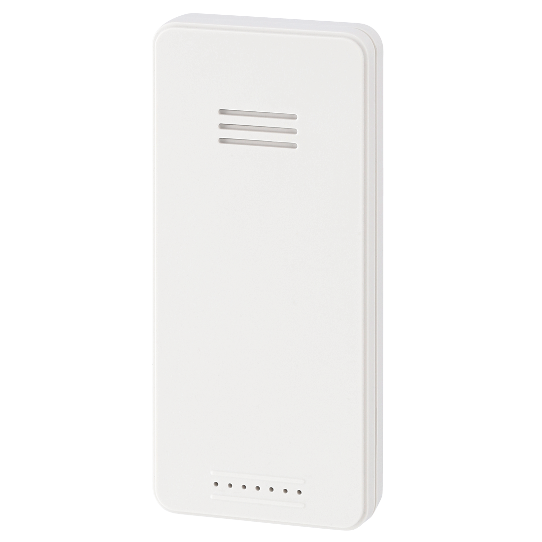 Un dispositivo rectangular blanco con ranuras horizontales y pequeños puntos sobre fondo negro.