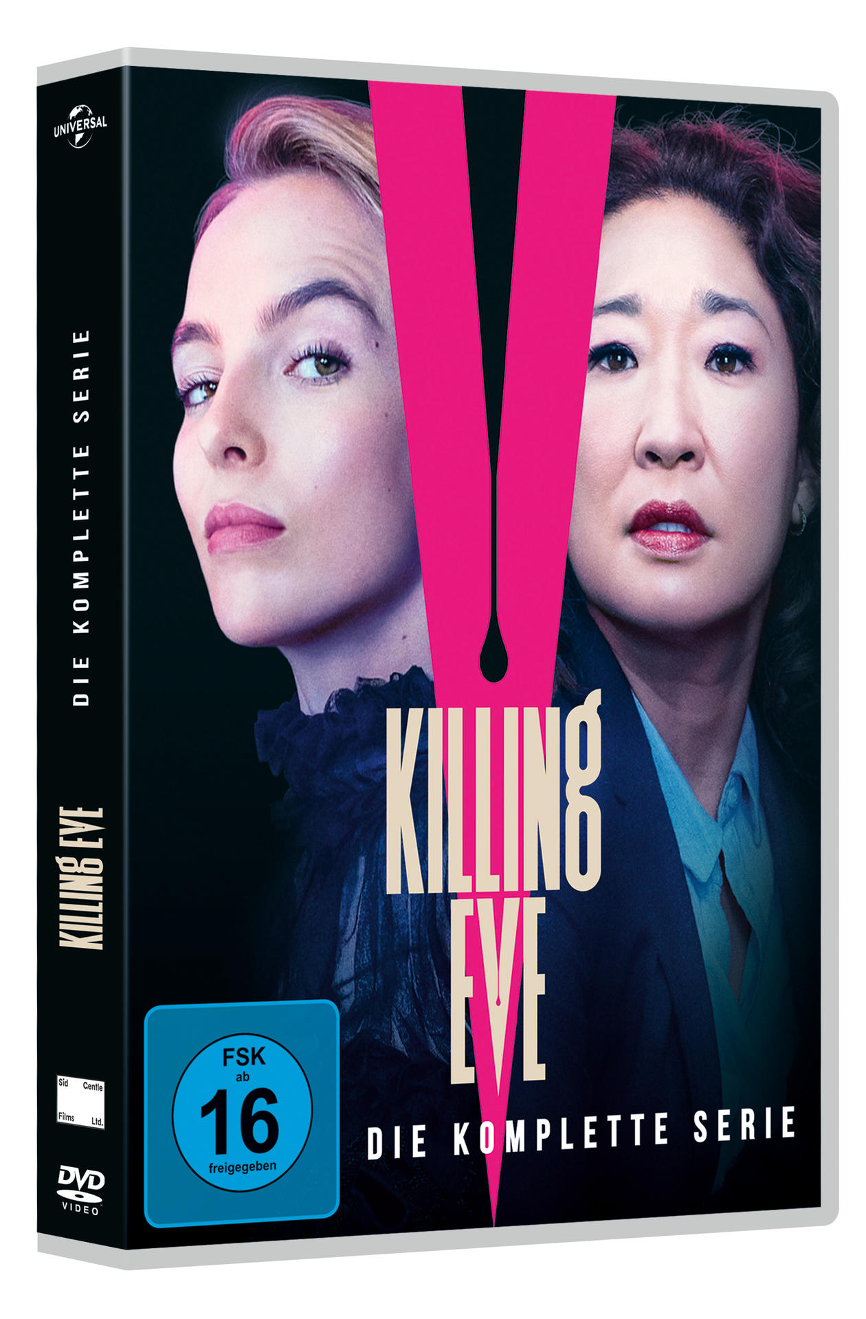 DVD-Cover: Zwei Gesichter von Frauen mit dem Titel 'Killing Eve' in Pink auf schwarzem Hintergrund.