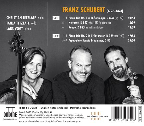 CD-Cover mit drei Personen. Text: Franz Schubert, Christian Tetzlaff, Tanja Tetzlaff, Lars Vogt.