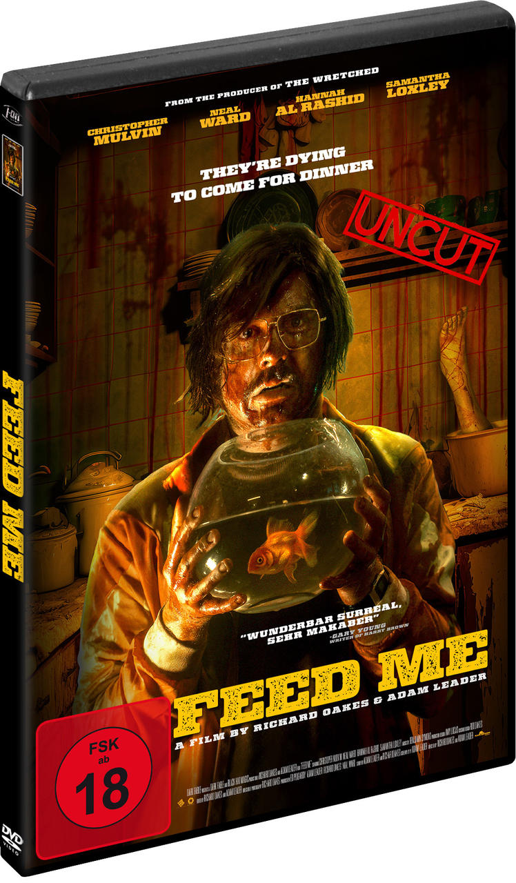 DVD-Cover des Horrorfilms 'Feed Me', Mann mit Fischglas.
