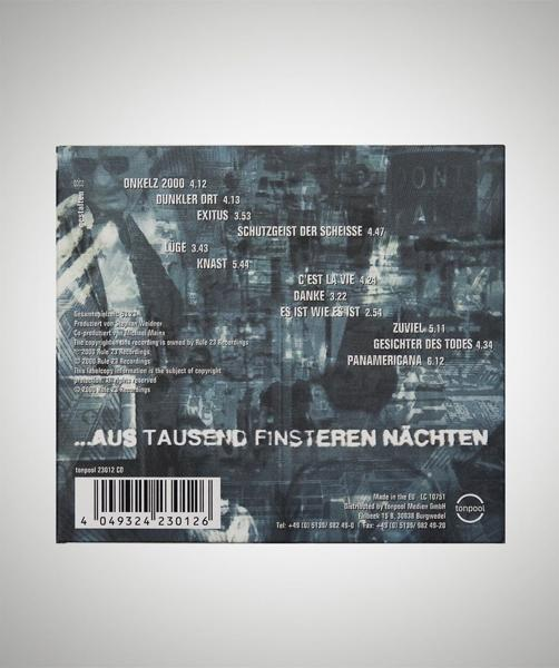 Die Rückseite einer CD-Hülle mit Titelliste und Text.