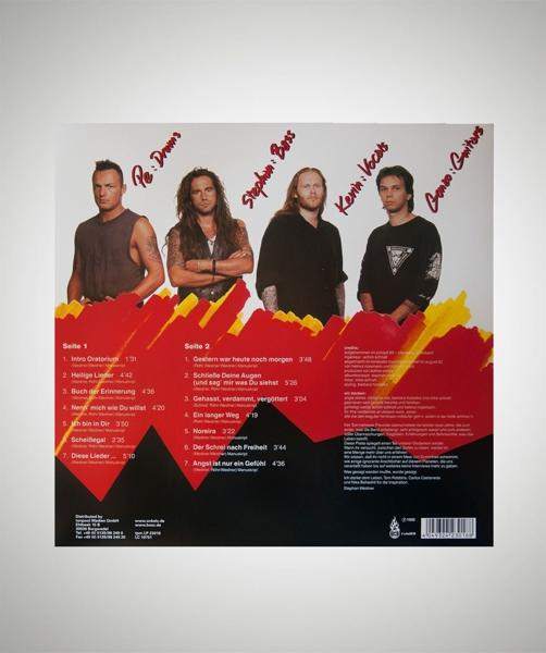 Albumcover mit vier Männern in einer Band. Rotes und gelbes Design mit einer Titelliste.