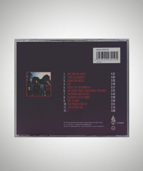 Rückseite einer CD-Hülle mit Titeln und Künstlerinformationen. Lila und schwarzer Hintergrund mit Text.