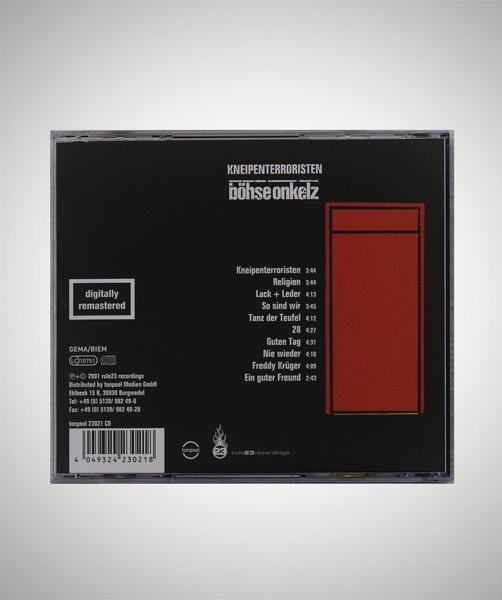 CD-Rückseite mit Trackliste. Der Künstler ist Böhse Onkelz und der Titel ist Kneipenterroristen. Rechts ist ein rotes Rechteck.