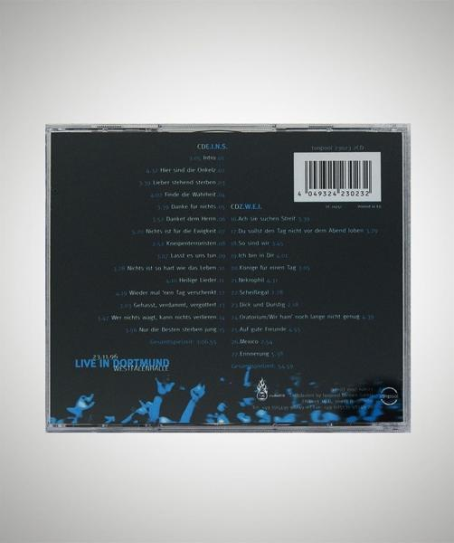 Die Rückseite einer CD-Hülle mit Titellisten und blauem Hintergrund.