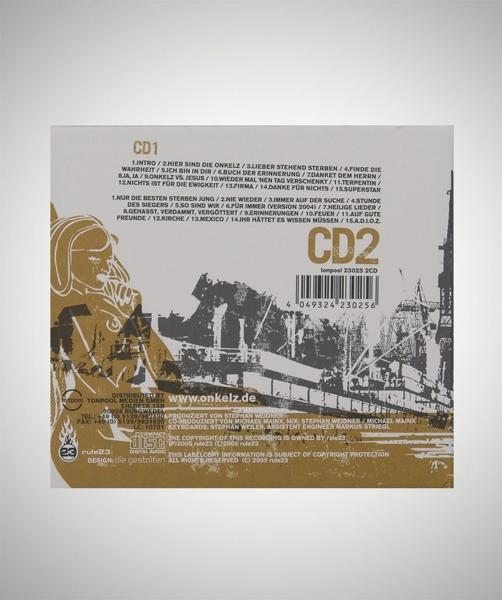 CD-Rückseite mit Tracklisten von CD 1 und CD 2, einem Stadt-Hintergrund und einem Logo.
