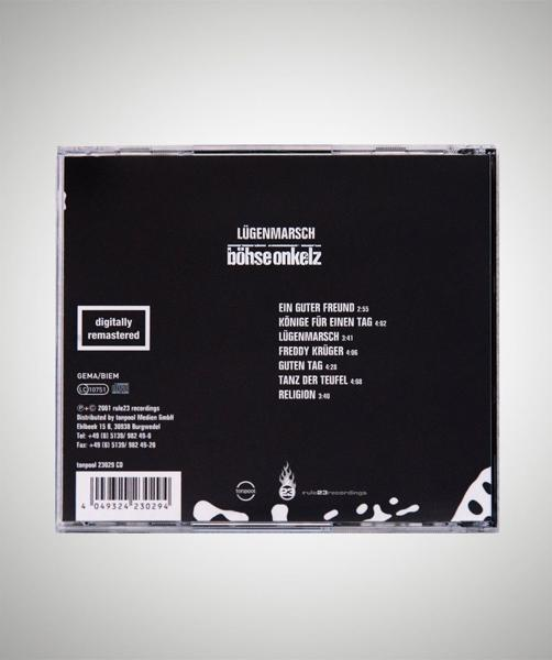 Rückseite einer schwarzen CD-Hülle mit Titelliste und Albumname, mit Details und Logos.