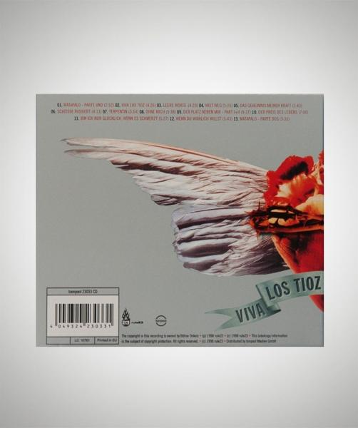 CD-Rückseite mit Text und Kunstwerk eines Herzens mit Flügeln und dem Wort LOS TIOZ.