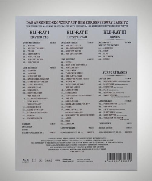Rückseite einer Blu-ray-Disc-Box. Der Text listet den Inhalt der Disc auf, einschließlich Shows und Interviews, mit Zeitangaben.