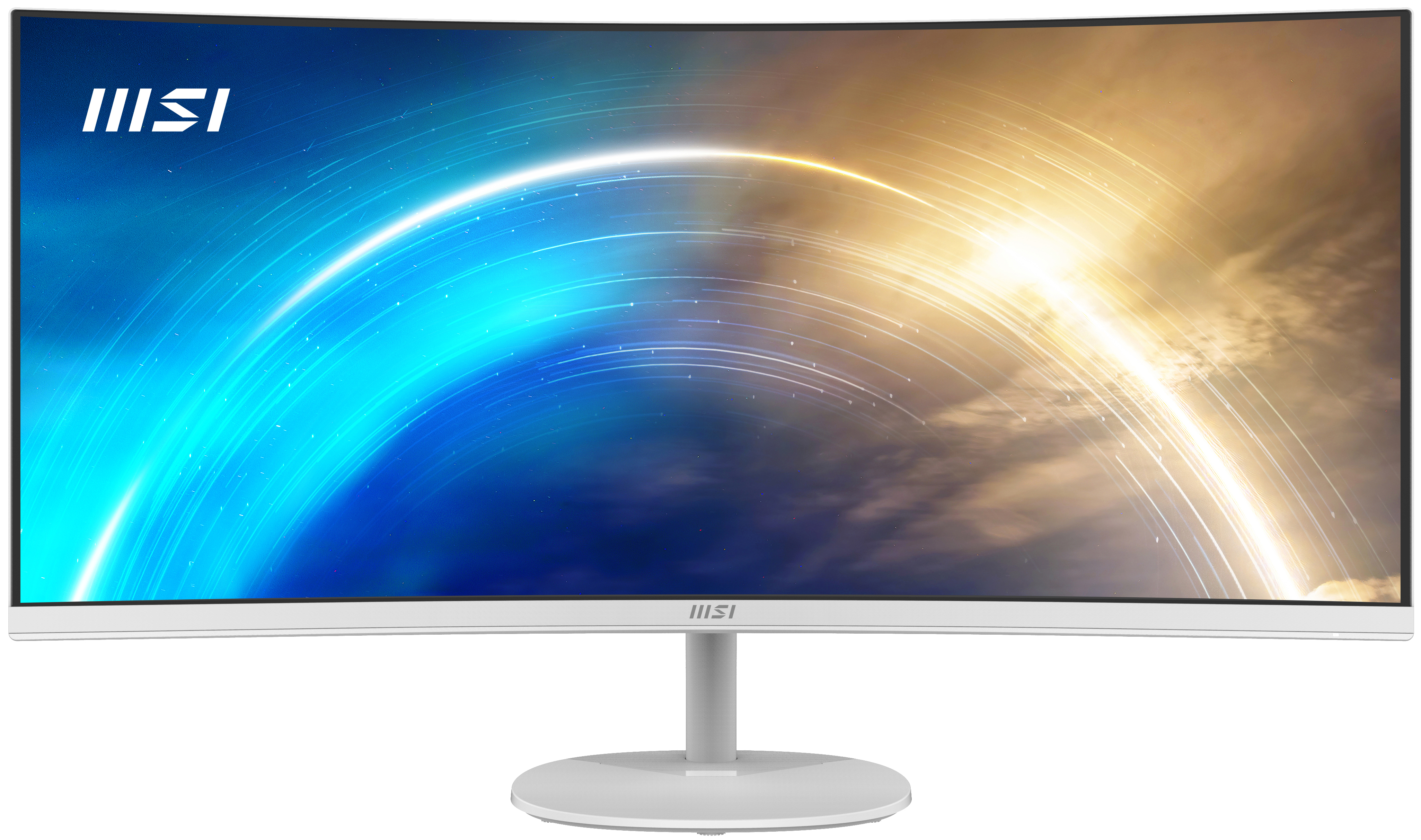 Weißer MSI-Curved-Monitor mit blau-goldenem, abstrakten Hintergrund. Der Ständer ist ebenfalls weiß.