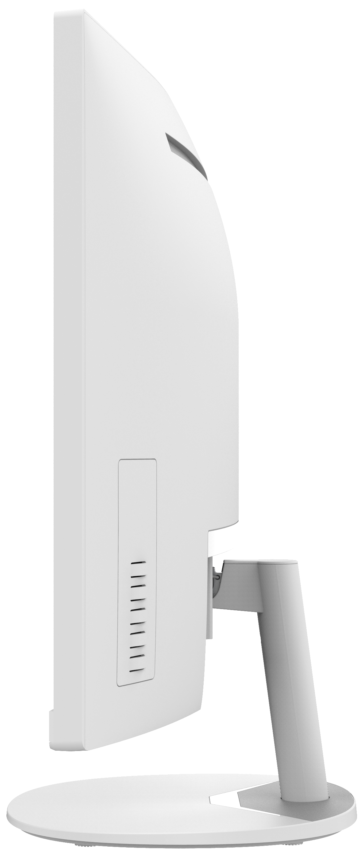 Weißer Computermonitor, Seitenansicht. Es hat einen Ständer und ein paar Lüftungsschlitze.