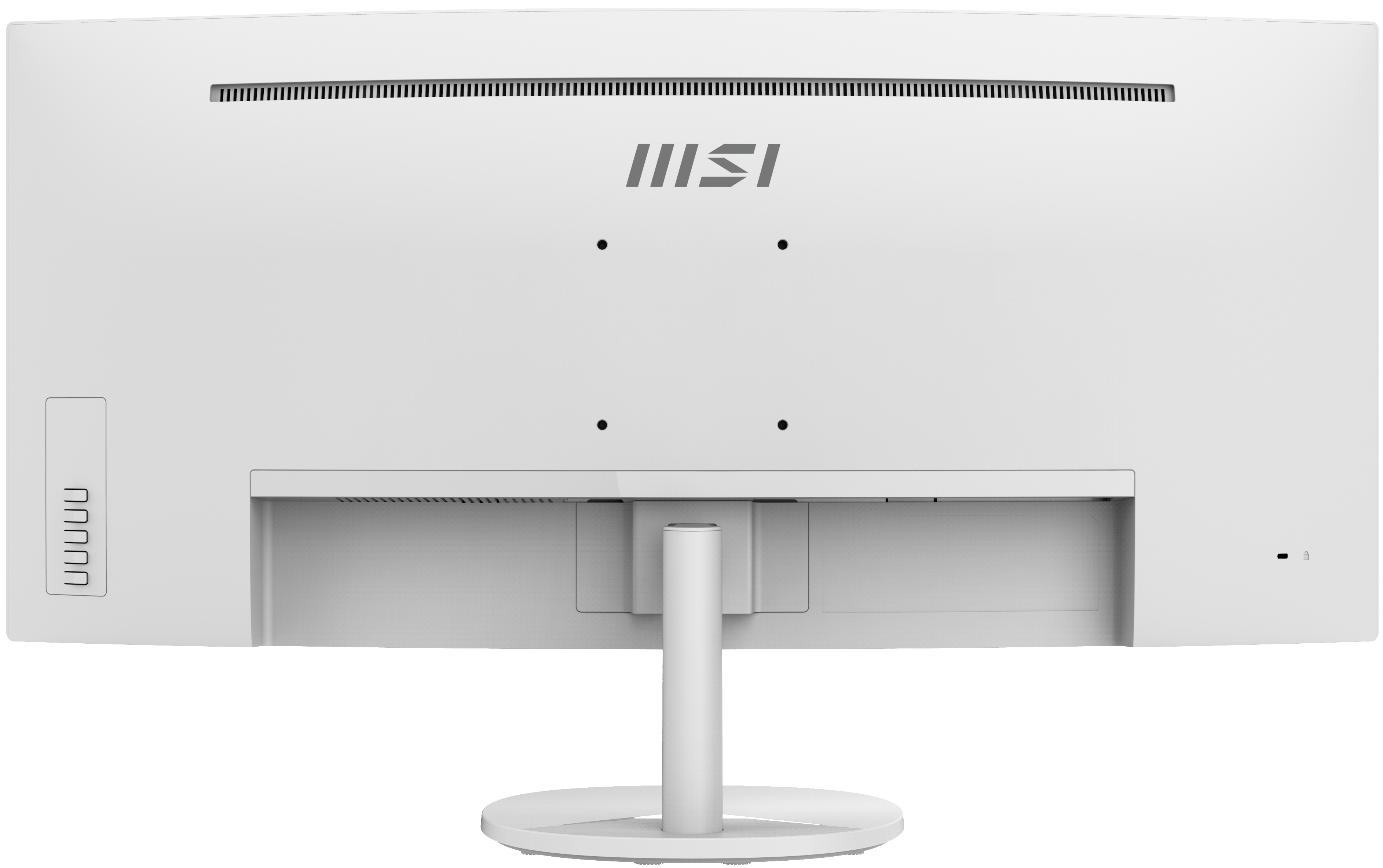 Rückansicht des weißen Monitors. MSI-Logo oben. Anschlüsse auf der linken Seite. Ständer unten.